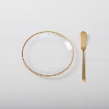 Simple bread plates made of clear glass with gold rim for rent