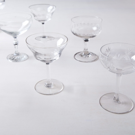 Champagne Coupe Patricia Mismatching | Cheers! These vintage mismatching champagne glasses for festive toasting are available in various beautiful shapes and sizes.Out of the same line Patricia we offer mismatching wine, tumbler, glasses for sparkling wine, whiskey, water and colored shot glasses.The measurements are approximate, as each champagne coupe is different. | gotvintage Rental & Event Design